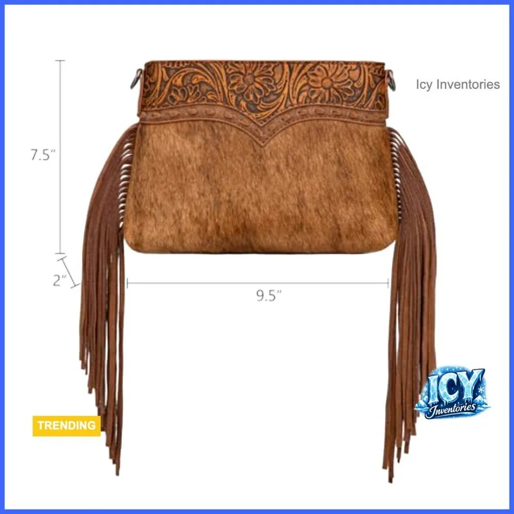 Genuine Hair-On Cowhide Western Crossbody Purse with Floral Embossed Design